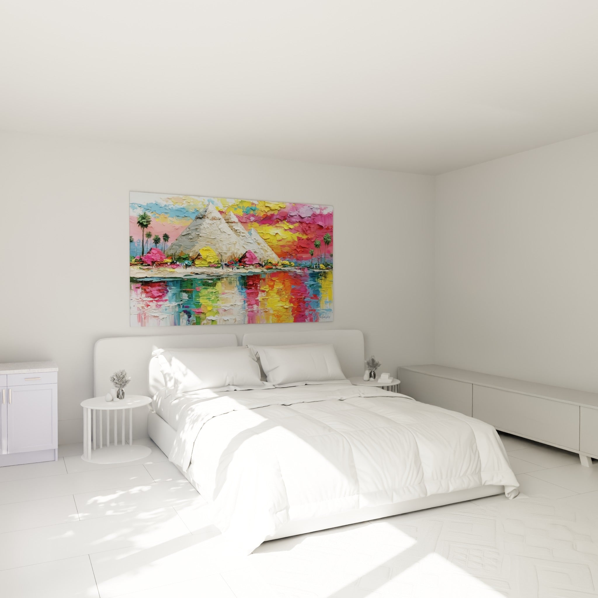Pyramides égyptiennes roses et jaunes reflétées dans le Nil, au-dessus d'un lit dans une chambre claire