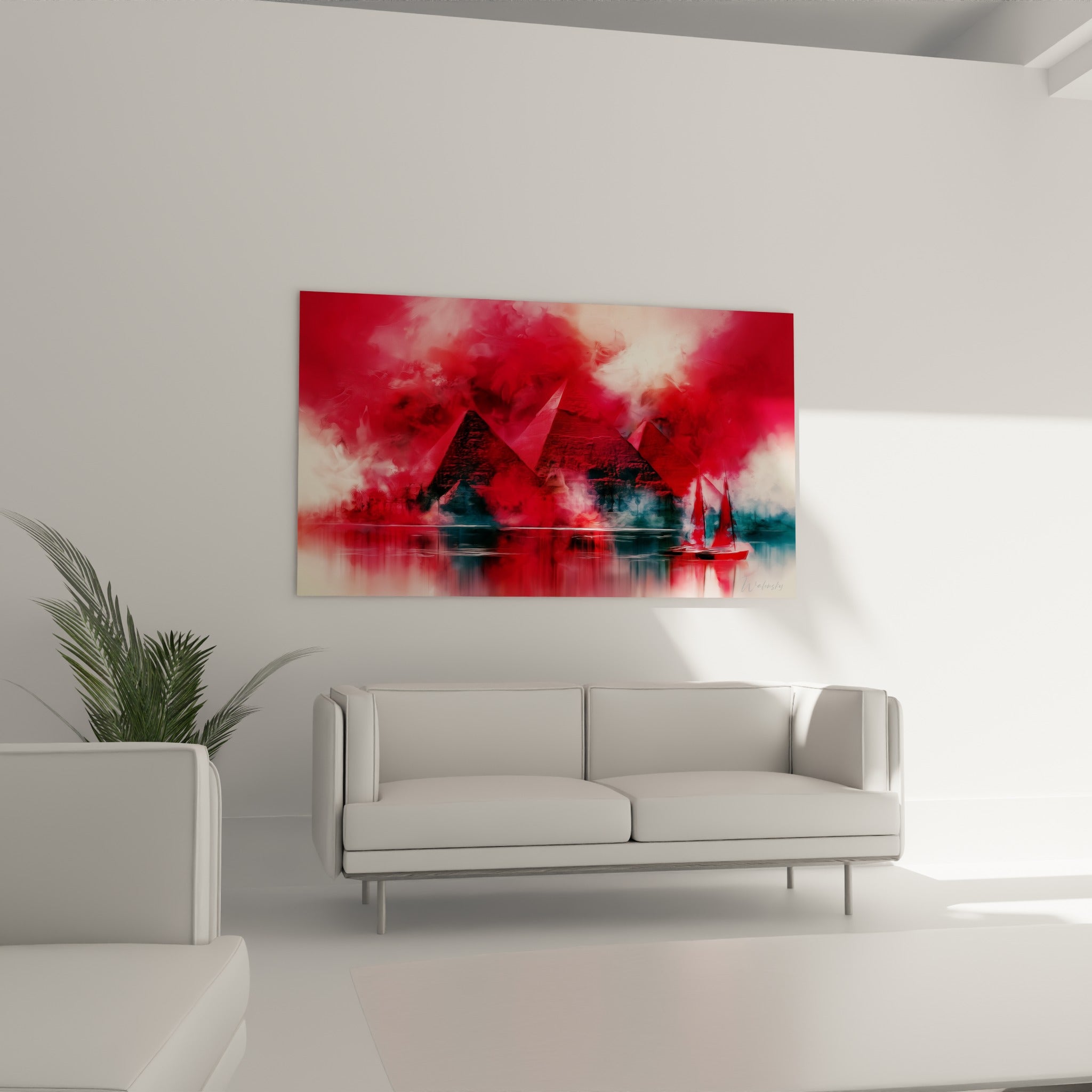 Felouques bleu marine glissant sous des pyramides rouges dans un salon lumineux