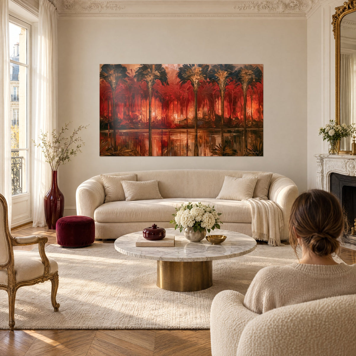 Wall art glowing red palm grove, brown trunks and black fronds reflected in the water, above a sofa in a bright living room