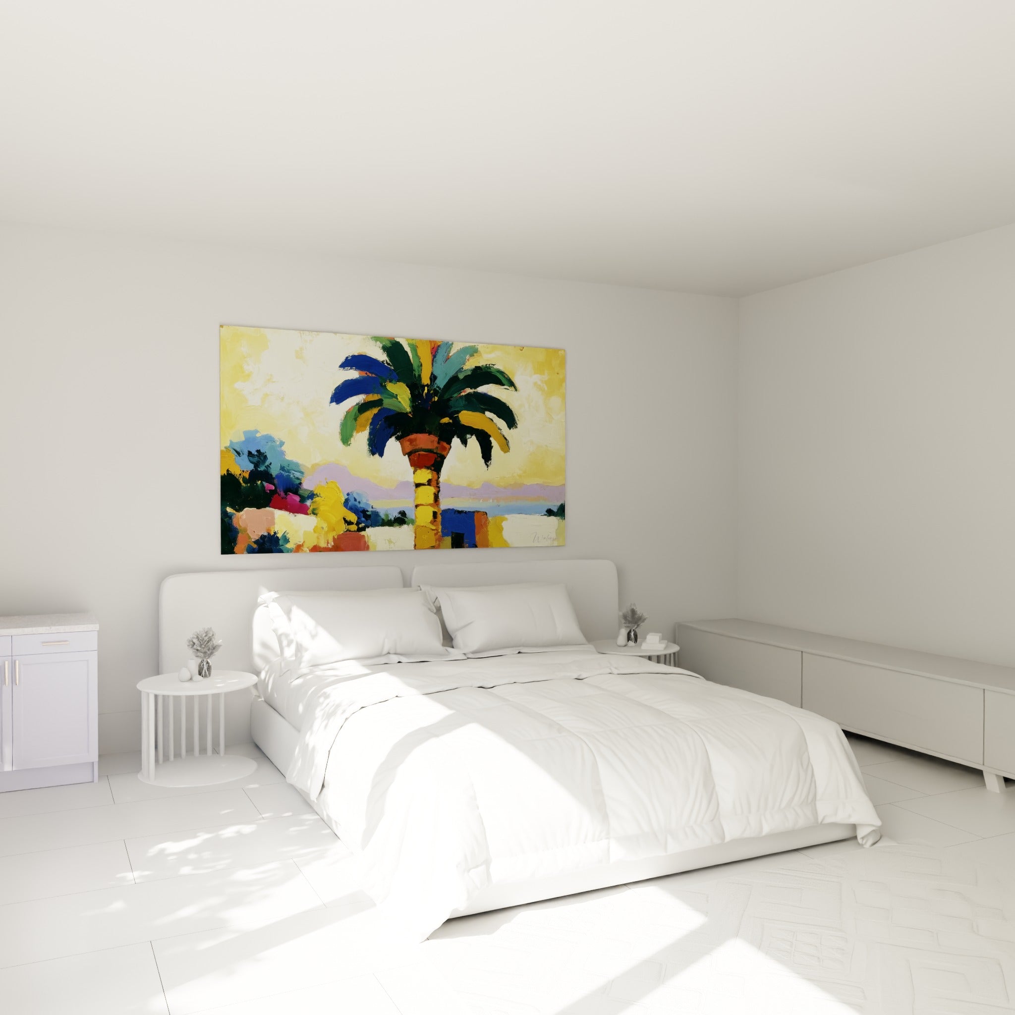 Oasis égypte peinte en jaune doré et bleu marine, accrochée au-dessus d'un lit dans une chambre claire