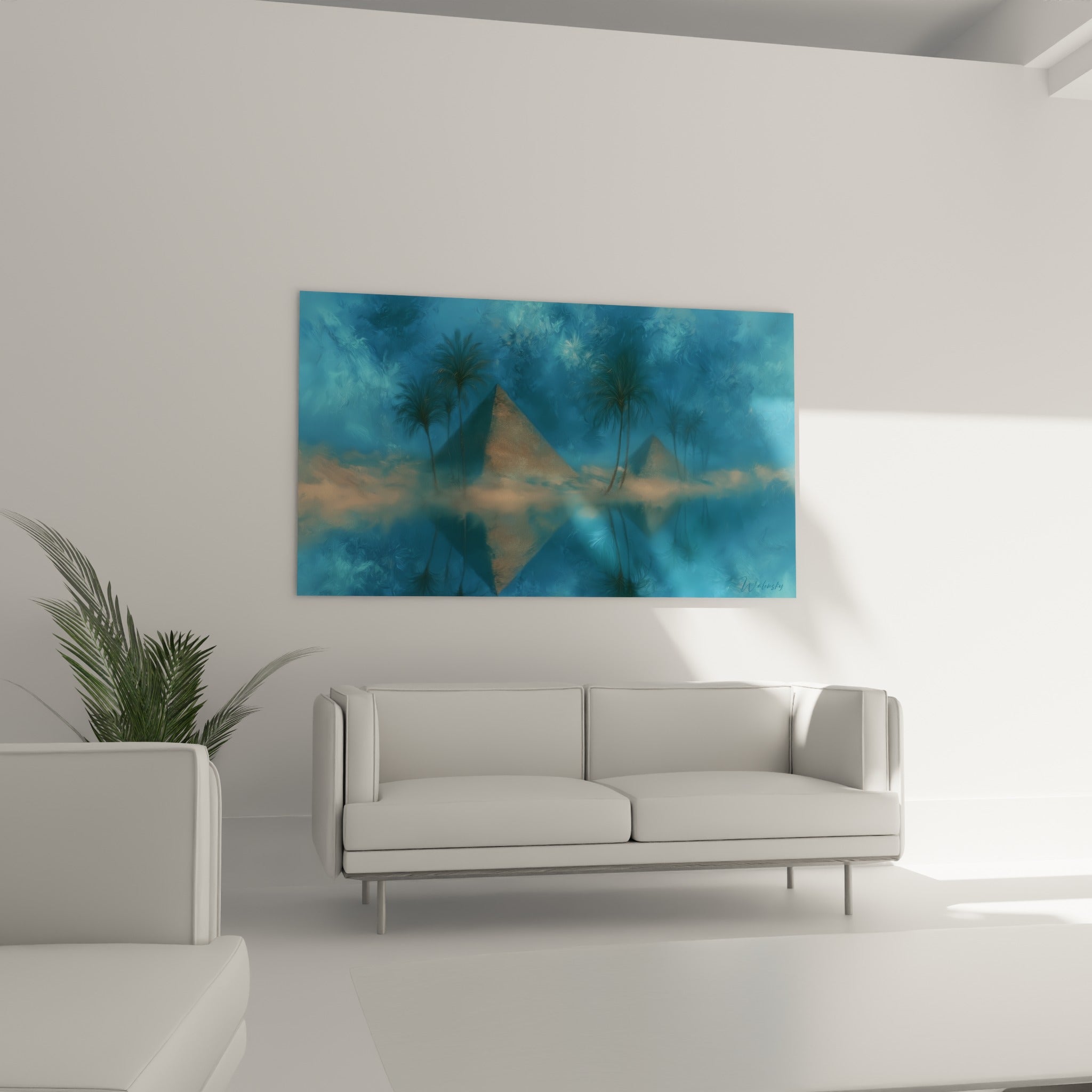Silhouettes égypte bleu turquoise et sable doré placées au-dessus d'un canapé dans un salon lumineux