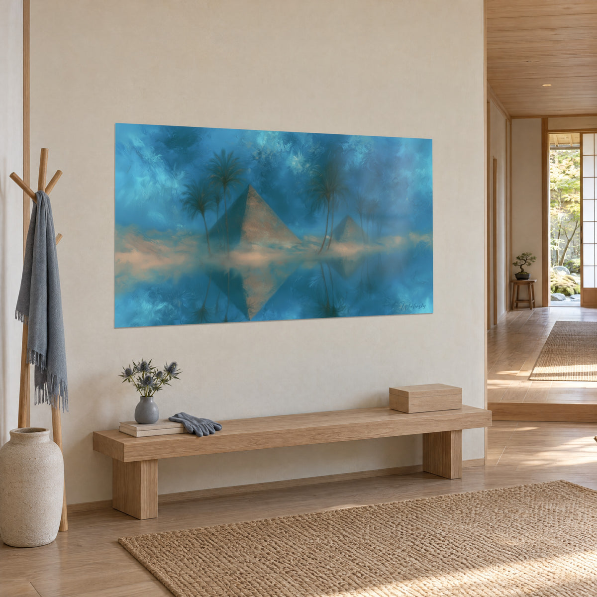 Tableau mirage égyptien aux deux pyramides ocre, ciel turquoise tourbillonnant et eau miroir, vue de trois-quarts dans l'entrée japandi