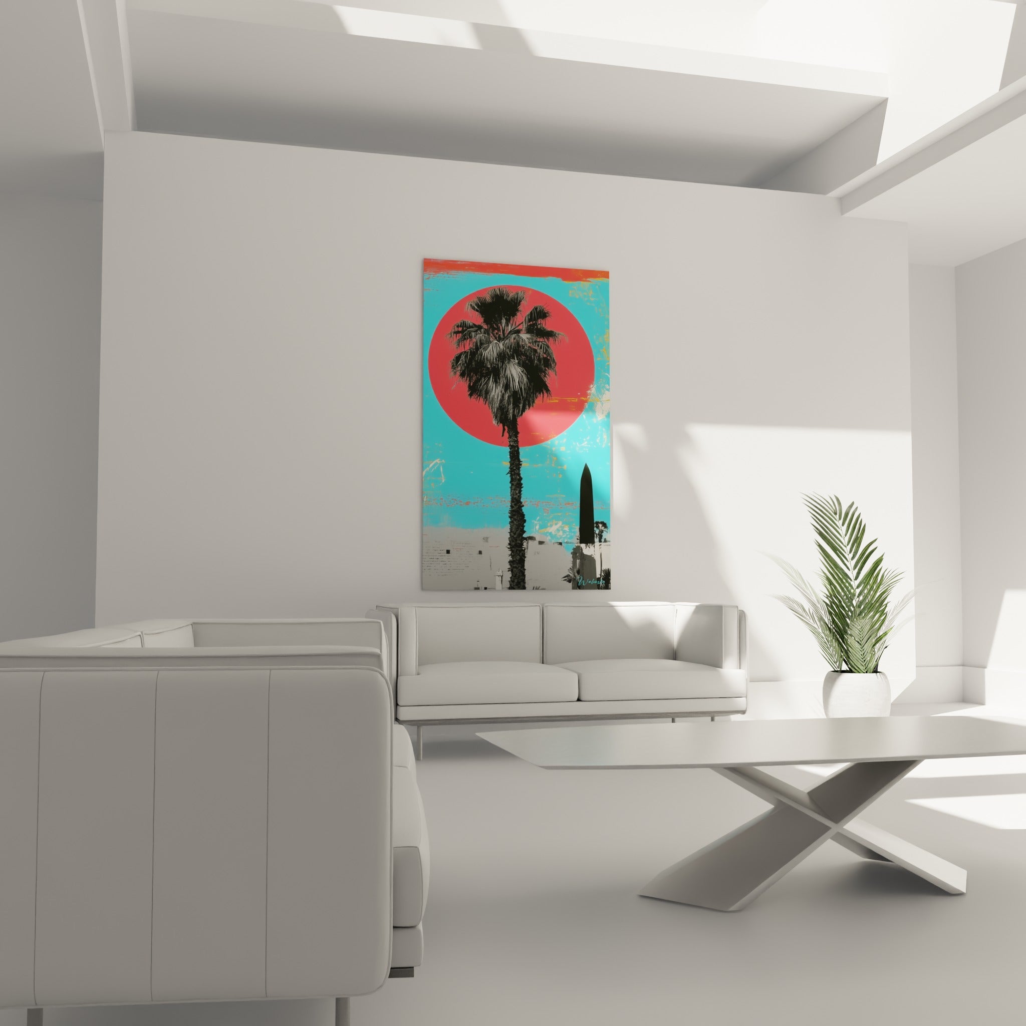 Obélisque et palmier noirs se découpant sur fond turquoise et corail, tableau égypte au-dessus d'un canapé dans un salon lumineux.