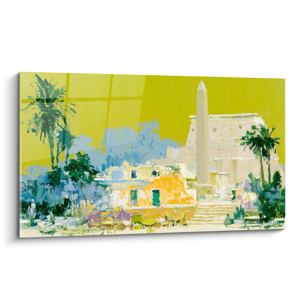 Tableau Obélisque jaune et vert sous les palmiers - Halte sous le soleil - Edition egypte