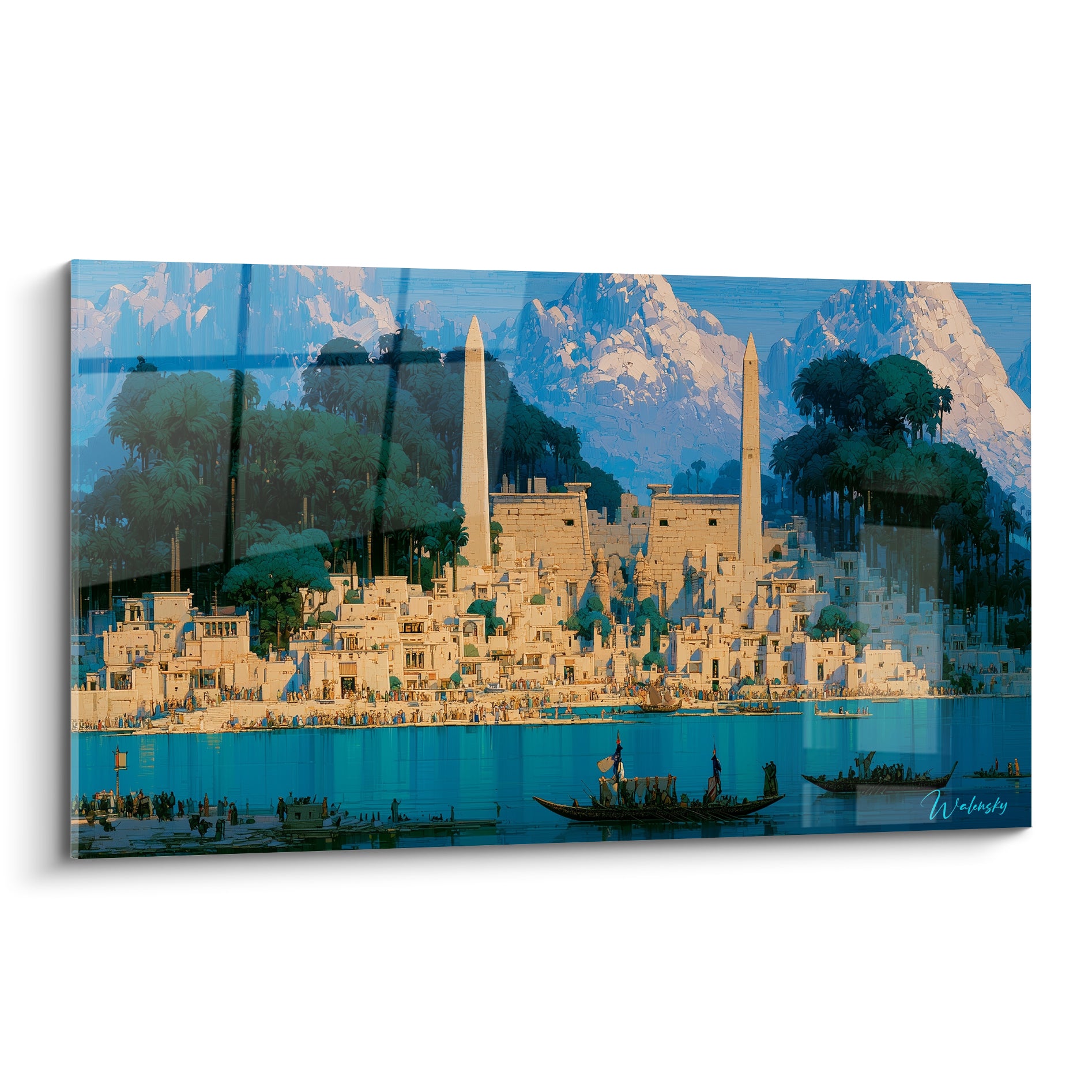Cité egypte antique aux obélisques dorés et fleuve turquoise animé de barques