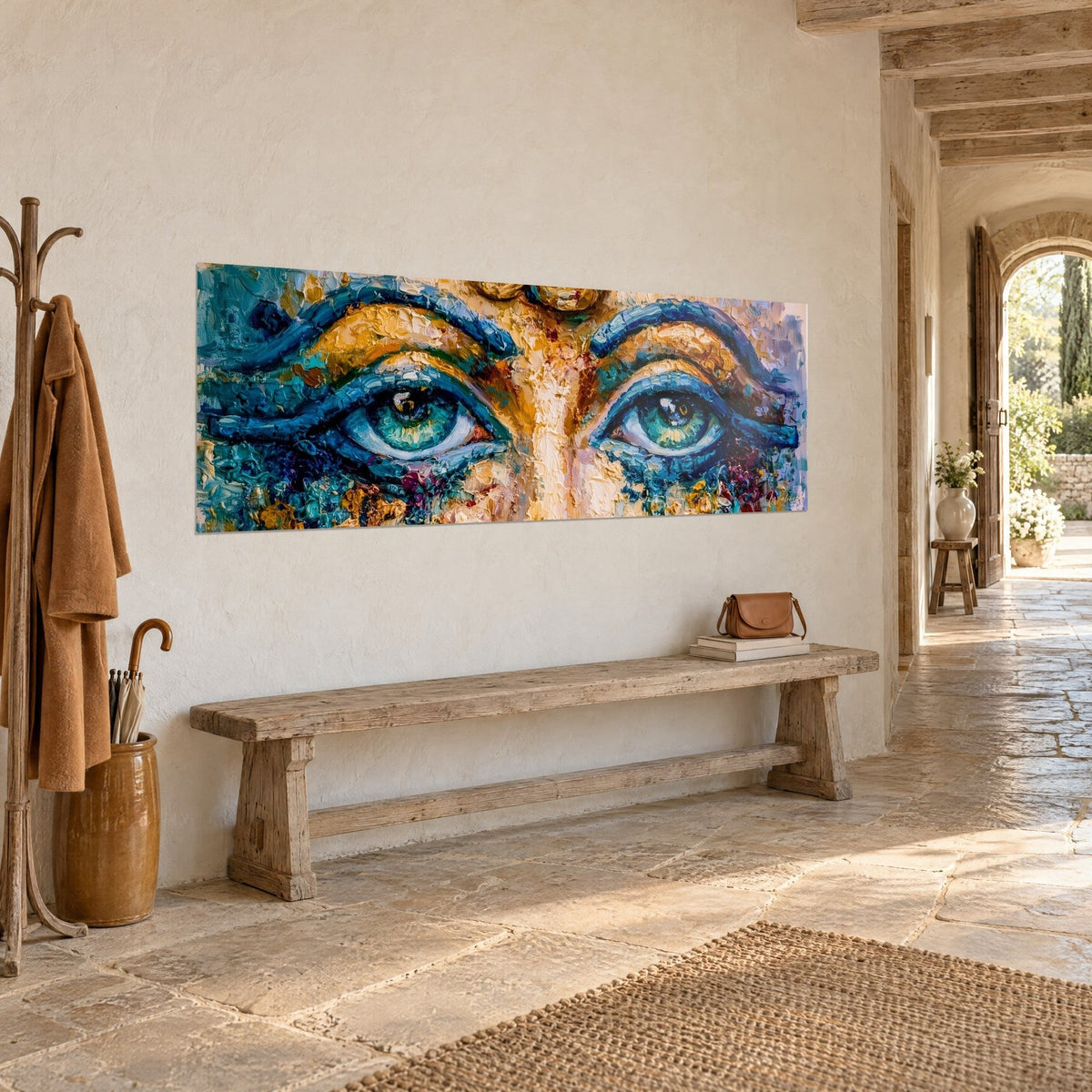 Gemälde ägyptische Augen mit tiefblauer Umrandung, grünen Iriden und dicker ockerfarbener Paste, dreiviertel Ansicht an einer Wand aus hellem Stein