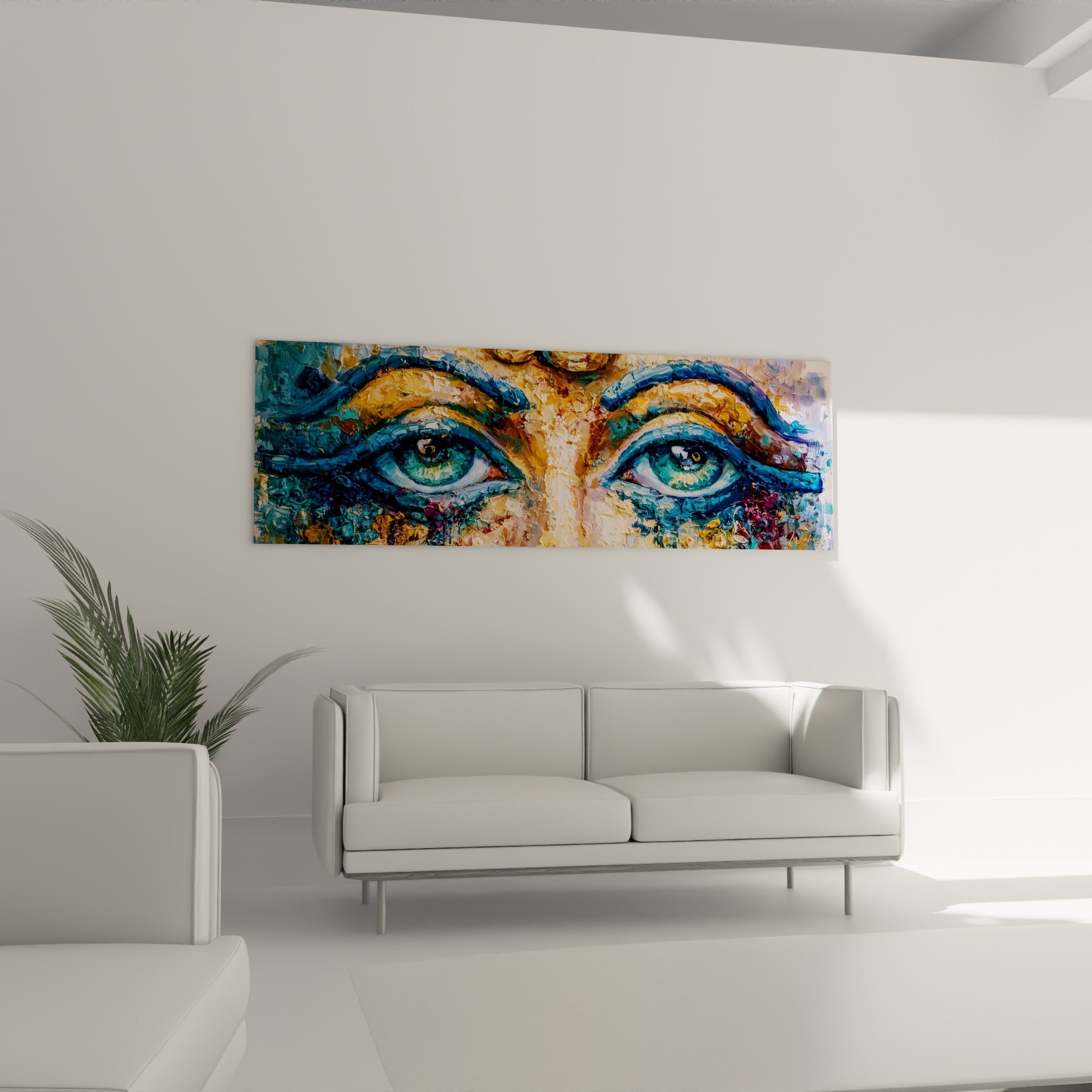 Peinture égyptienne ocre et bleu pétrole au-dessus d'un canapé dans un salon lumineux
