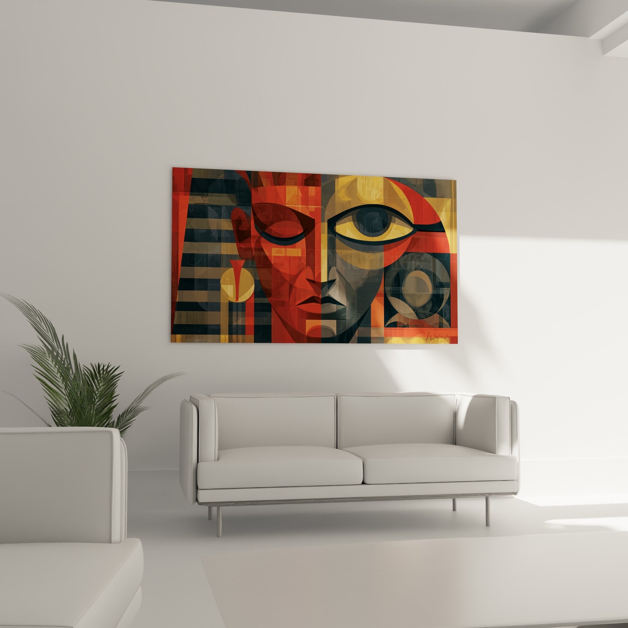 Portrait égyptien géométrique anthracite et terracotta, motifs architecturaux, au-dessus d'un canapé dans un salon lumineux