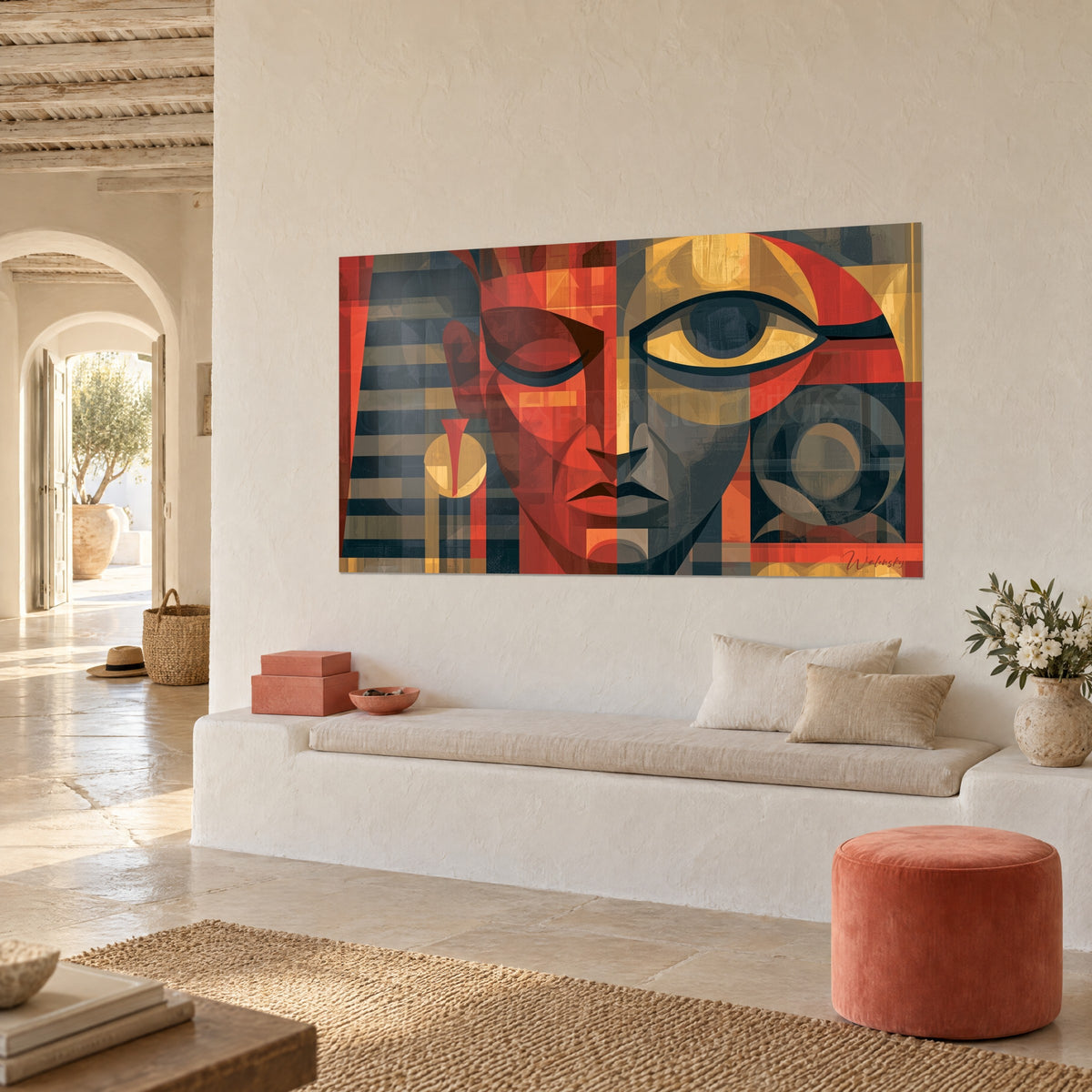 Cuadro perfil egipcio fragmentado en planos rojo ladrillo y gris antracita, ojo ocre cercado de negro, banqueta blanca en vista de tres cuartos