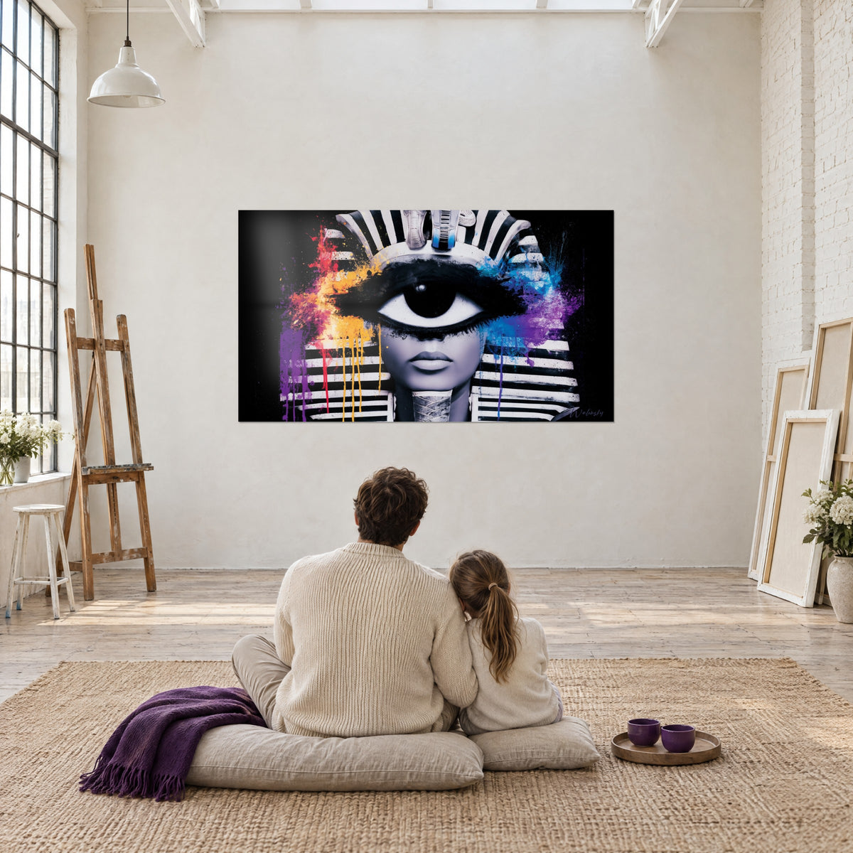 Cuadro Tutankamón pop art con ojo gigante, fondo negro, chorros magenta y azules, admirado por una pareja de espaldas sentada sobre una alfombra de yute