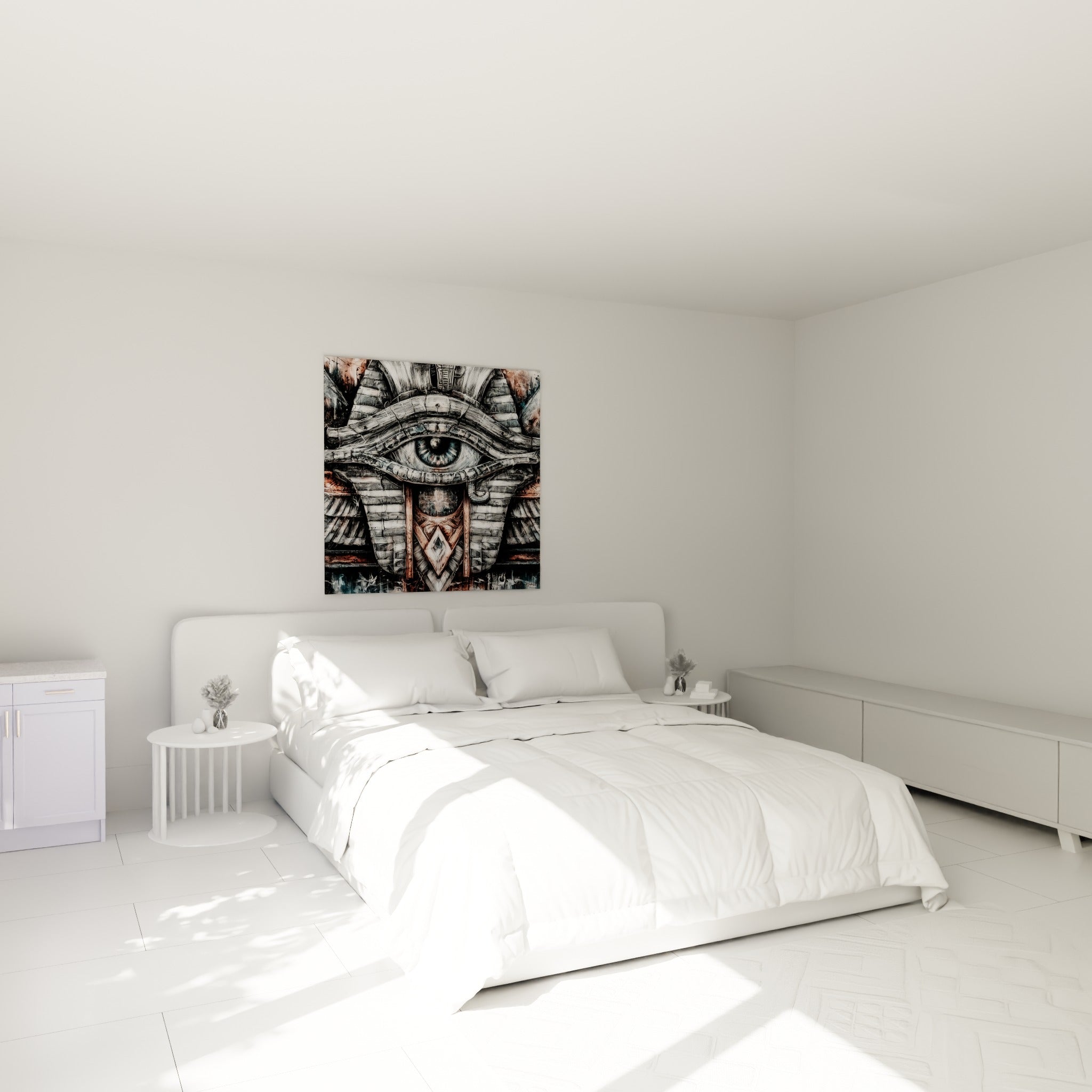 Symbole égyptien gris et cuivre finement texturé, accroché au-dessus d'un lit dans une chambre claire
