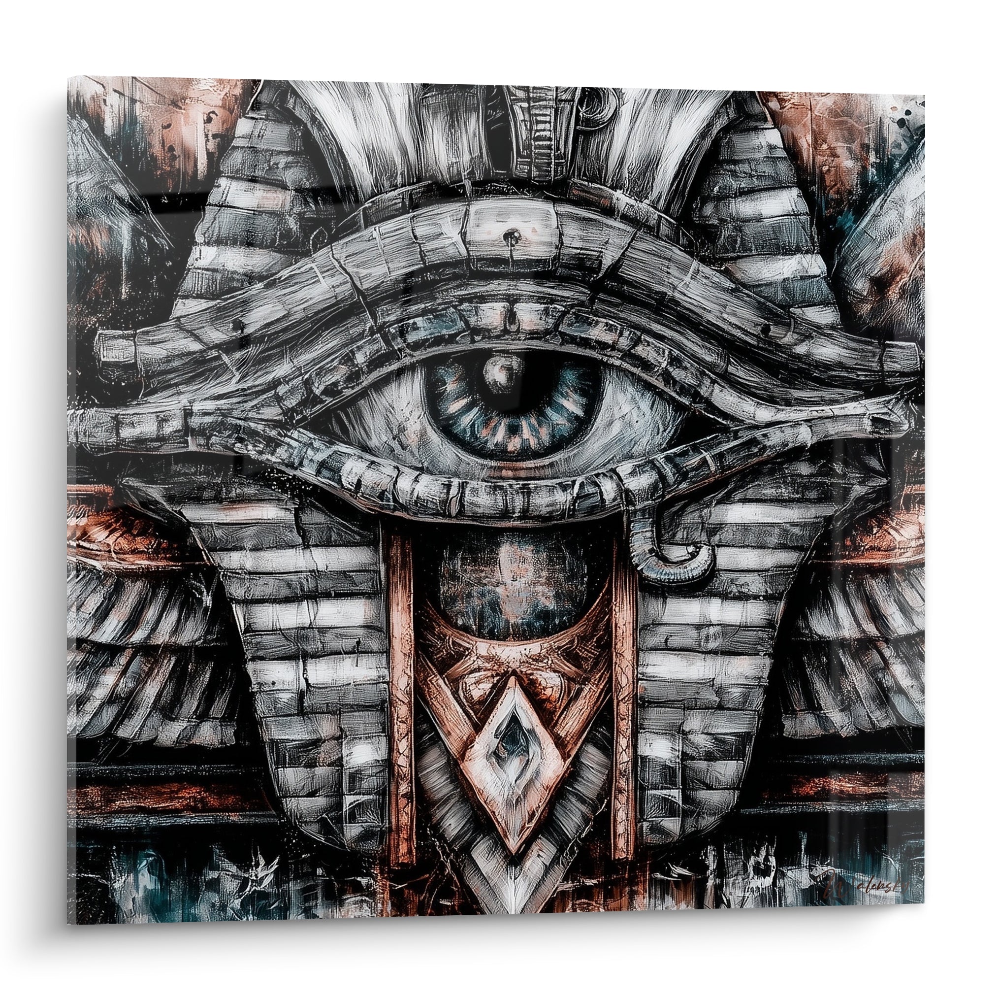 Œil d'Horus égyptien gris anthracite et cuivré, texture gravée style pierre ancienne