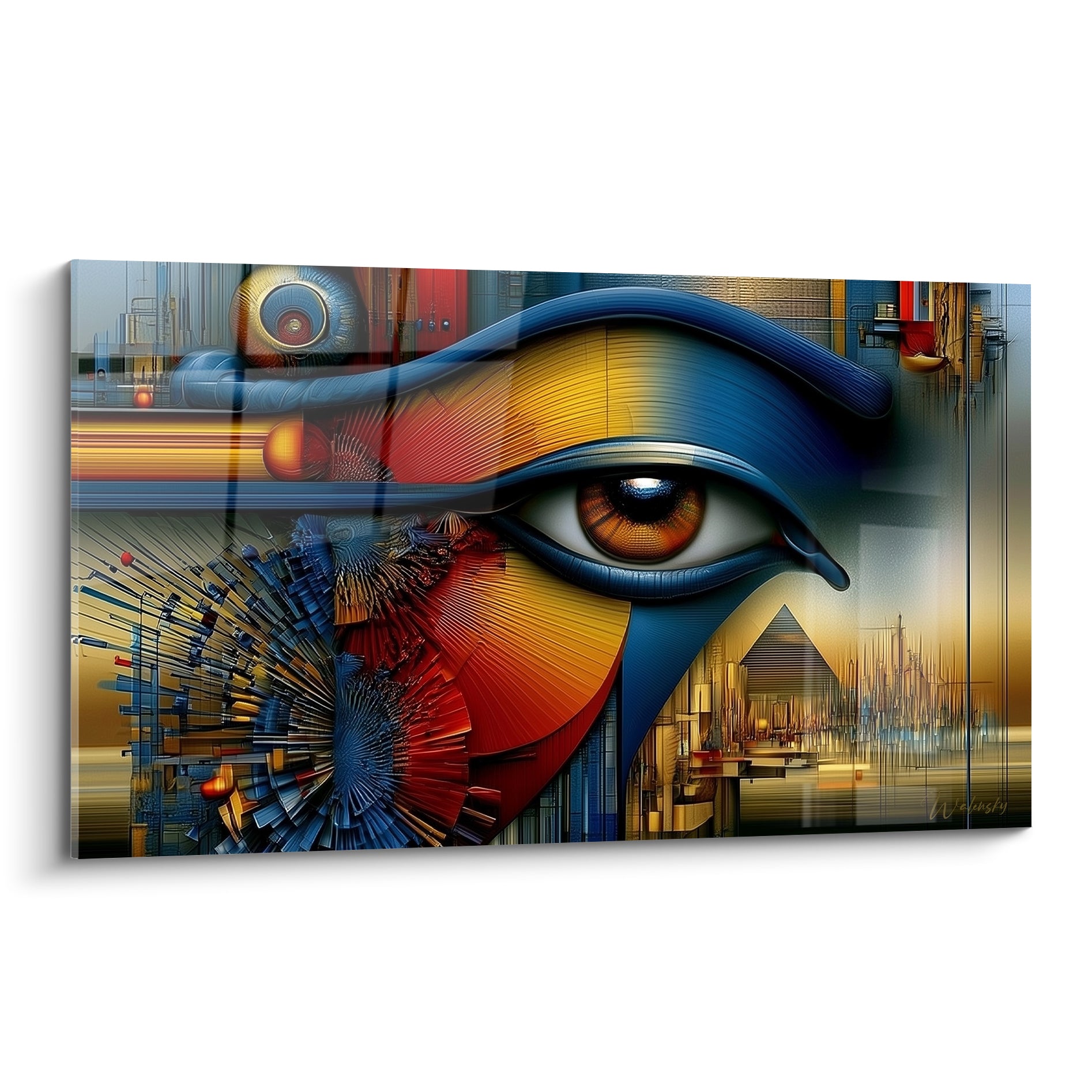 Œil d'Horus bleu marine et doré, iris brun perçant, structure géométrique fauve et rouge éclatée
