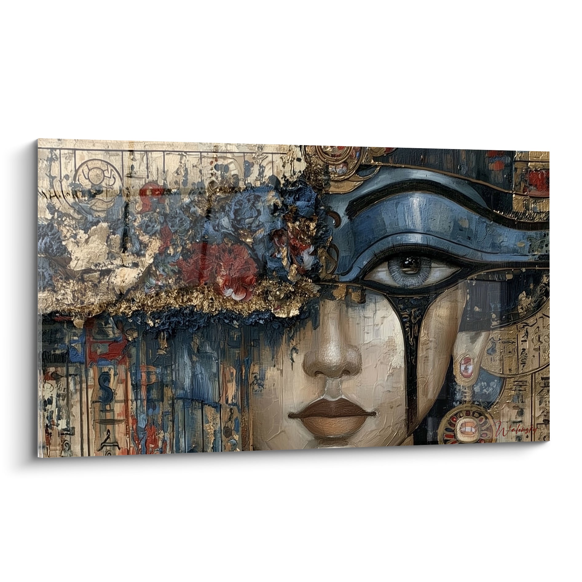 Visage égyptien à l'œil d'Horus bleu marine et doré sur fond papyrus ocre texturé