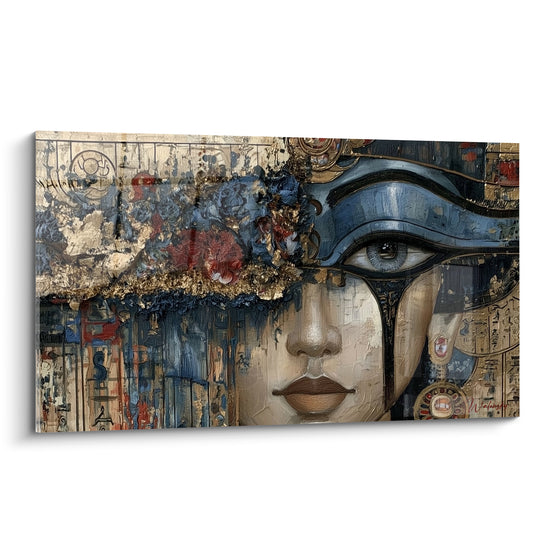 Visage égyptien à l'œil d'Horus bleu marine et doré sur fond papyrus ocre texturé