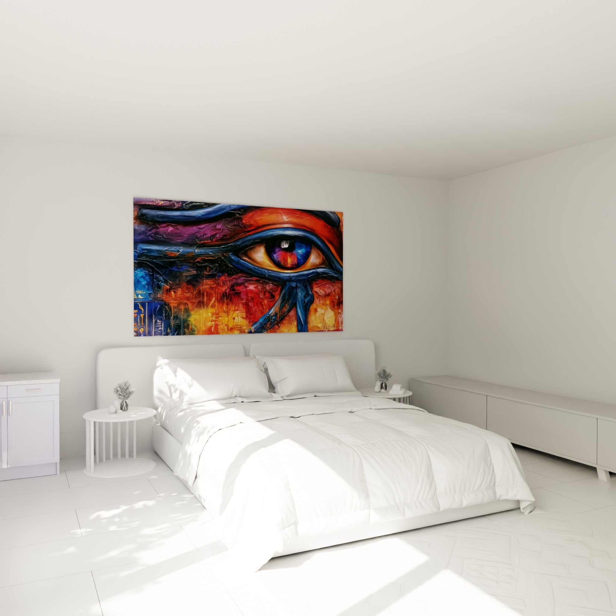 Symbole égyptien bleu marine et doré à empâtements épais, au-dessus d'un lit dans une chambre claire