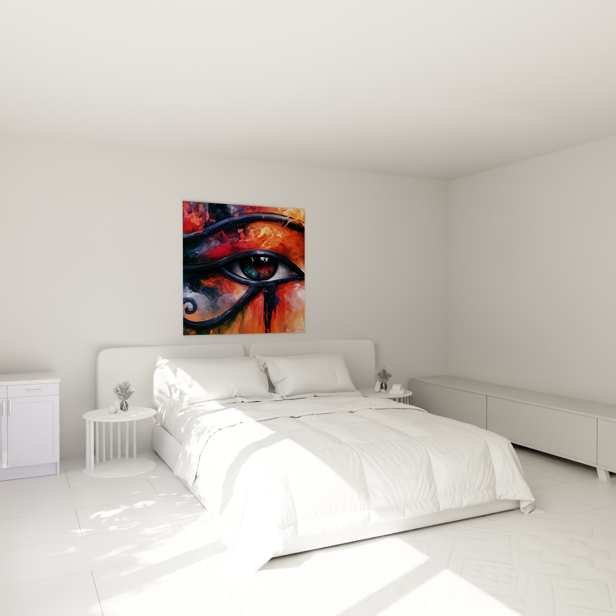 Symbole égyptien aux tons orange et noirs accroché au-dessus d'un lit dans une chambre claire