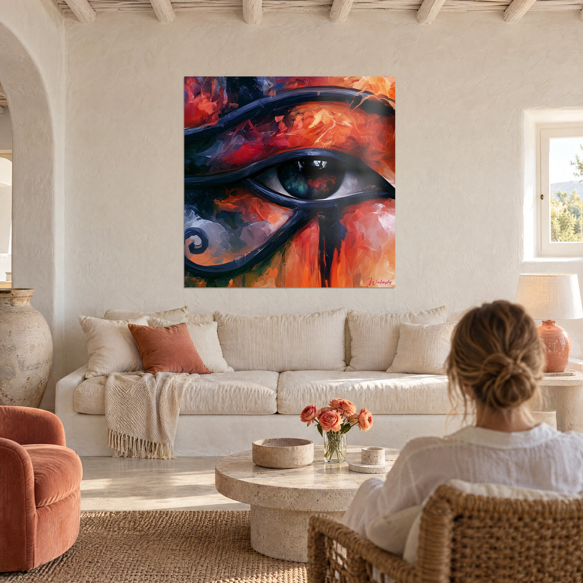 Quadro Occhio di Horus con pennellate arancioni e rosse, contorno antracite, sopra un divano in un soggiorno luminoso