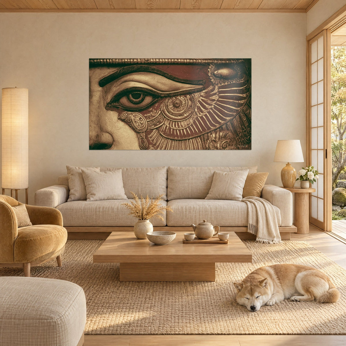 Wall art Golden Egyptian eye outlined in black, engraved red-brown wing, sleeping shiba, above a sofa in a bright living room