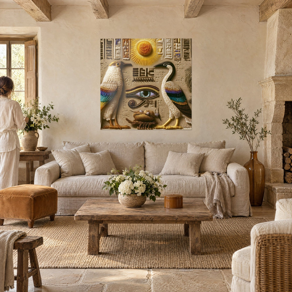 Schilderij heilige ibissen geborduurd tegenover het oog van Horus, gouden zon en zandocker, twee personen van achteren boven een bank in een lichte woonkamer
