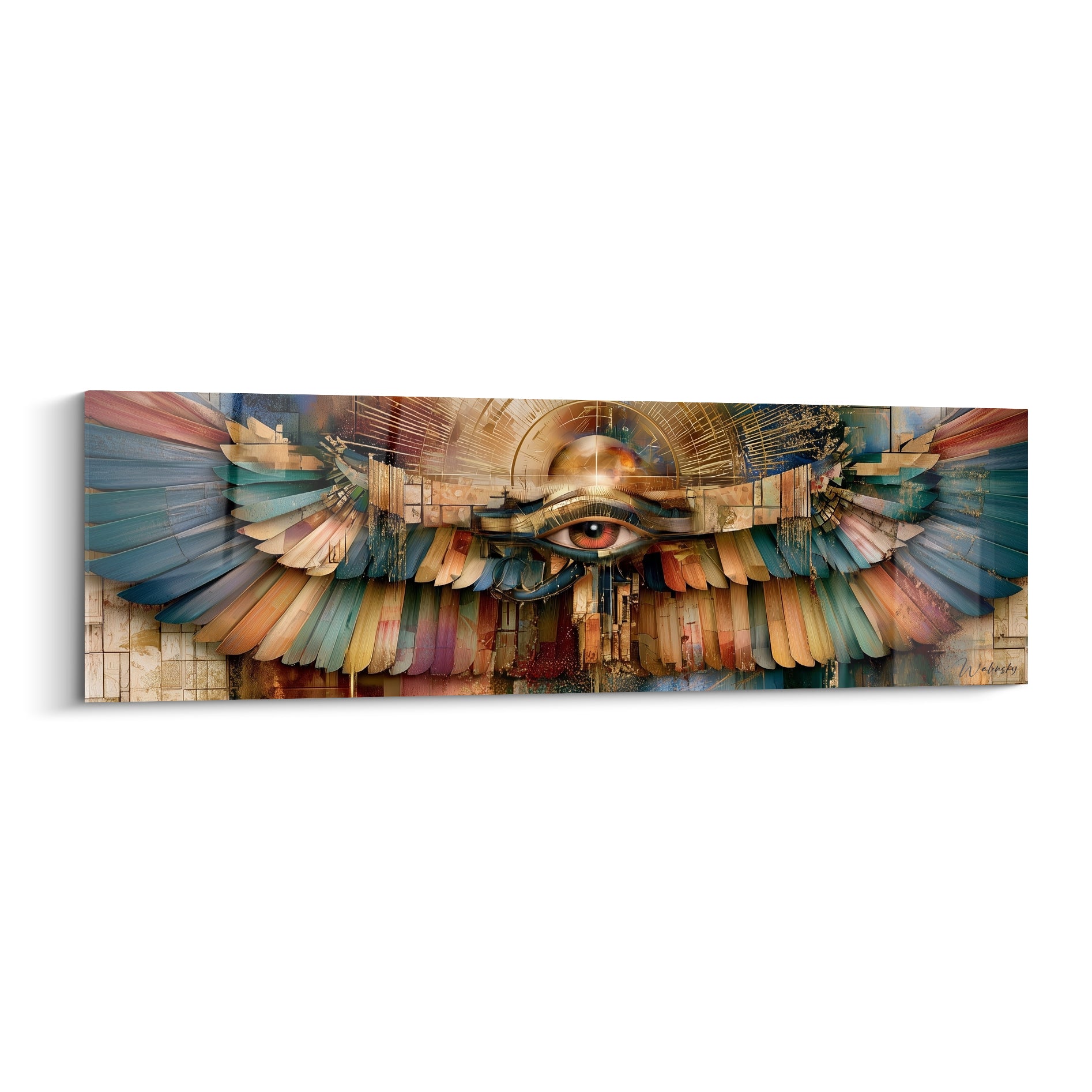 Œil d'Horus doré entouré d'ailes bleu pétrole et terracotta sur fond de fresque égyptienne