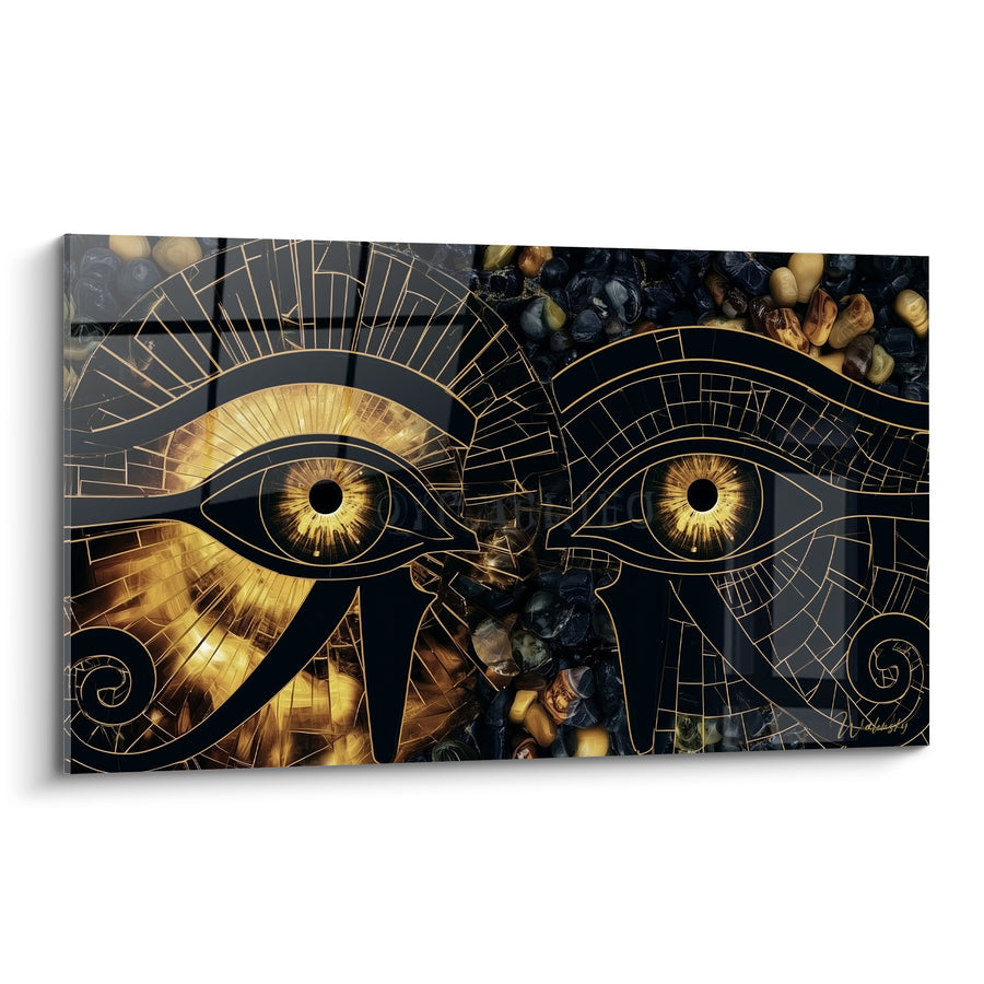 Tableau Yeux d'Horus dorés et noirs sur galets - Symétrie oculaire sacrée - Edition egypte