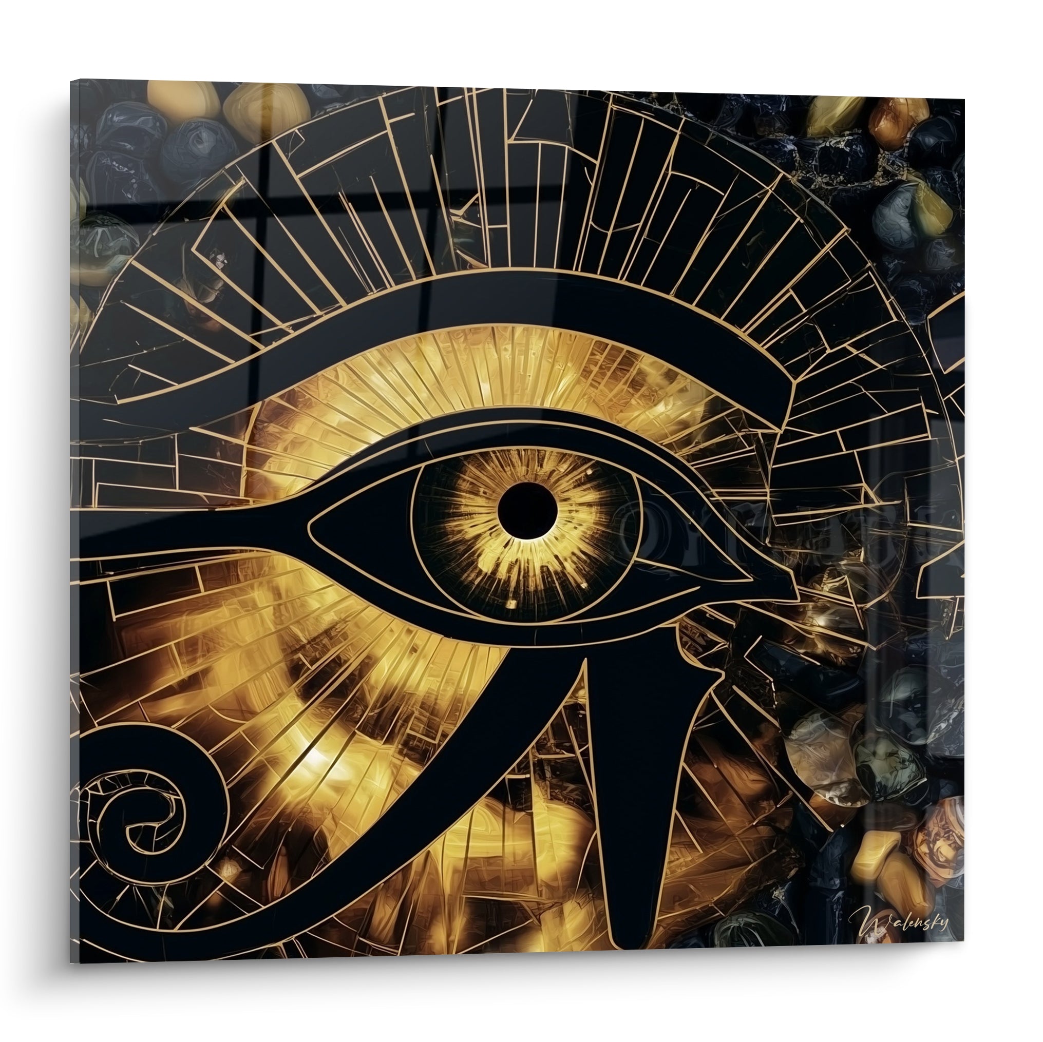 Œil d'Horus doré et noir anthracite aux motifs rayonnants façon mosaïque brisée