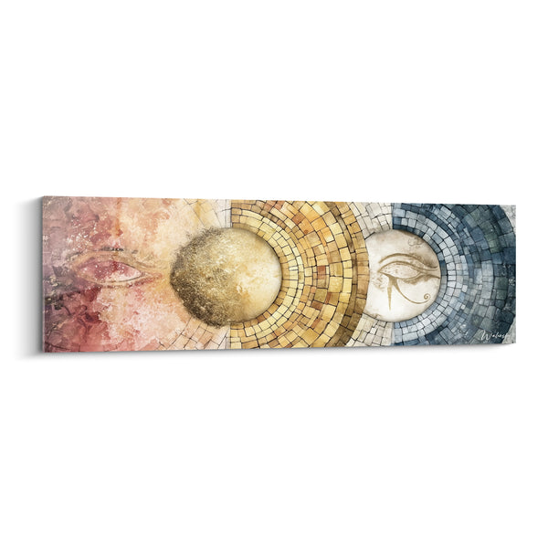 Tableau Œil d'Horus rose et bleu en mosaïque - Sphère dorée rayonnante - Edition egypte