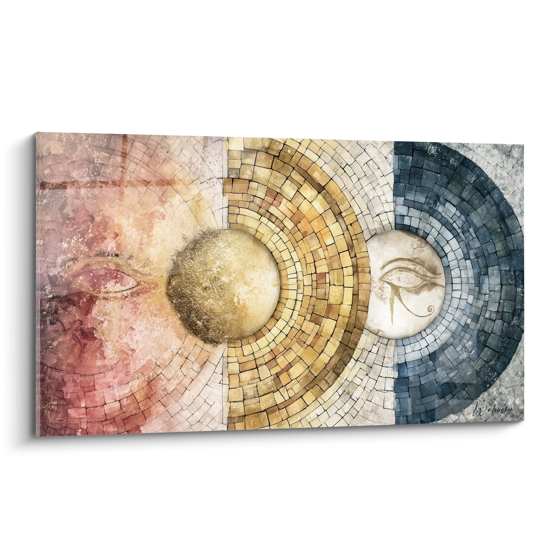 Œil d'Horus doré et mosaïque bleu anthracite sur fond ocre, tableau égypte panoramique symétrique