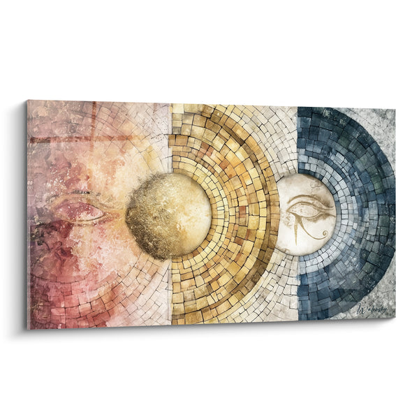 Tableau Sphère dorée entre mosaïques rose et bleue - Cercles concentriques en éventail - Edition egypte