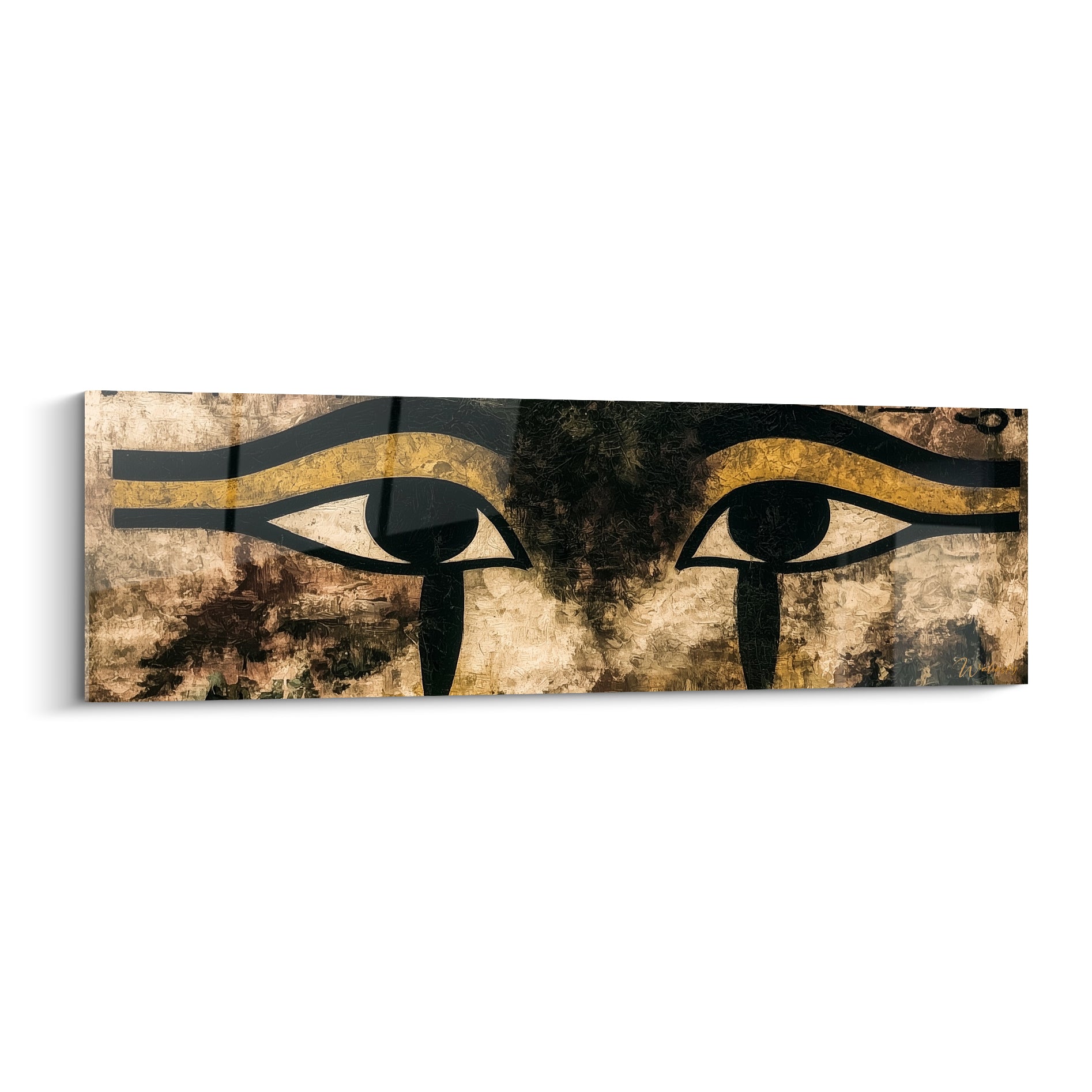 Yeux d'Horus noirs et dorés sur fond ocre patiné, tableau egypte au style graphique ancien