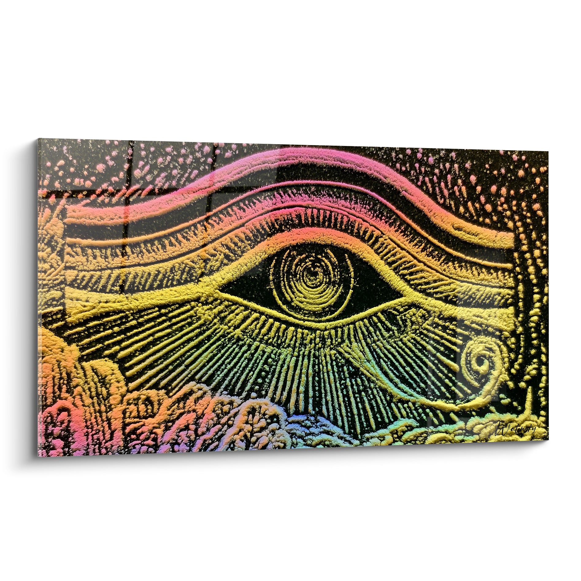 Œil d'Horus doré et rose gravé sur fond noir, motif égyptien texturé et lumineux