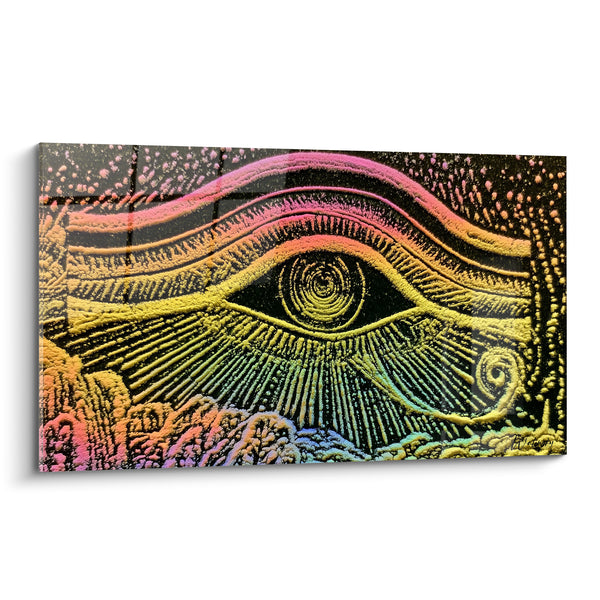 Tableau Œil d'Horus jaune et rose texturé irisé - Spirale iridescente noire - Edition egypte
