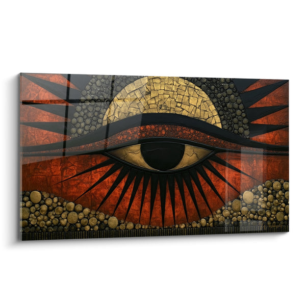 Tableau Œil d'Horus rouge et doré aux cils rayonnants - Mosaïque de billes texturées - Edition egypte