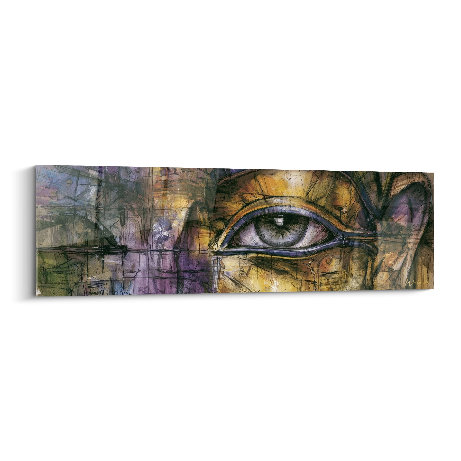 Œil d'Horus doré et violet peint avec traits esquissés noirs sur toile panoramique égyptienne