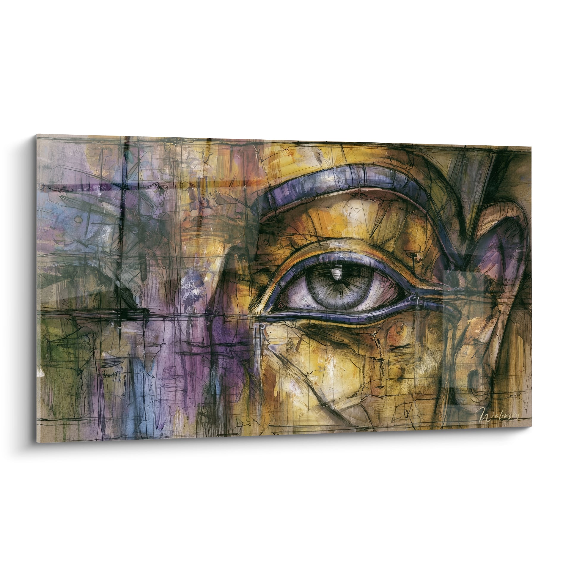 Œil d'Horus doré et violet peint en gros plan avec traits noirs graphiques et texture antique