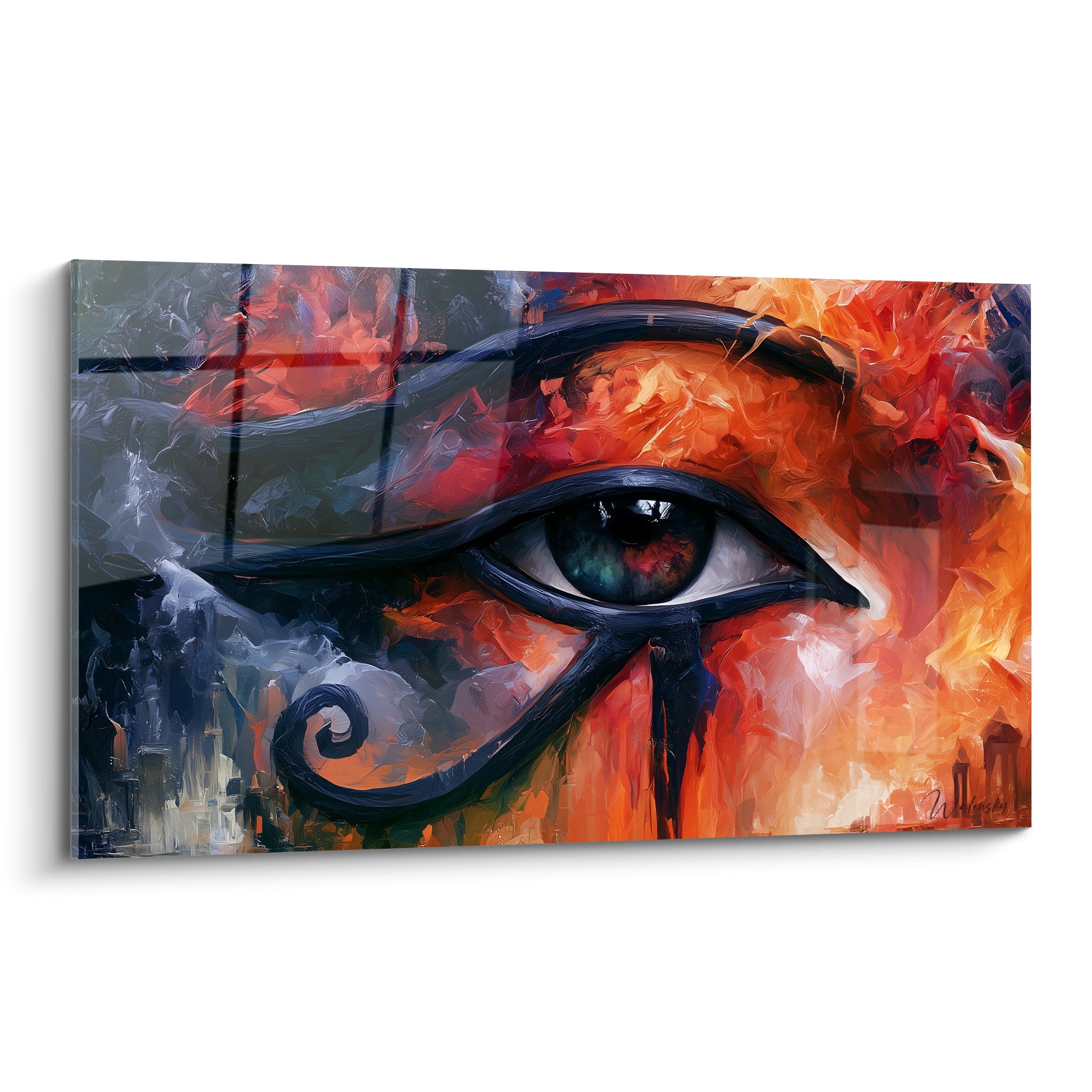 Œil d'Horus peint en noir sur fond orange flamboyant et bleu ardoise, style égyptien expressif
