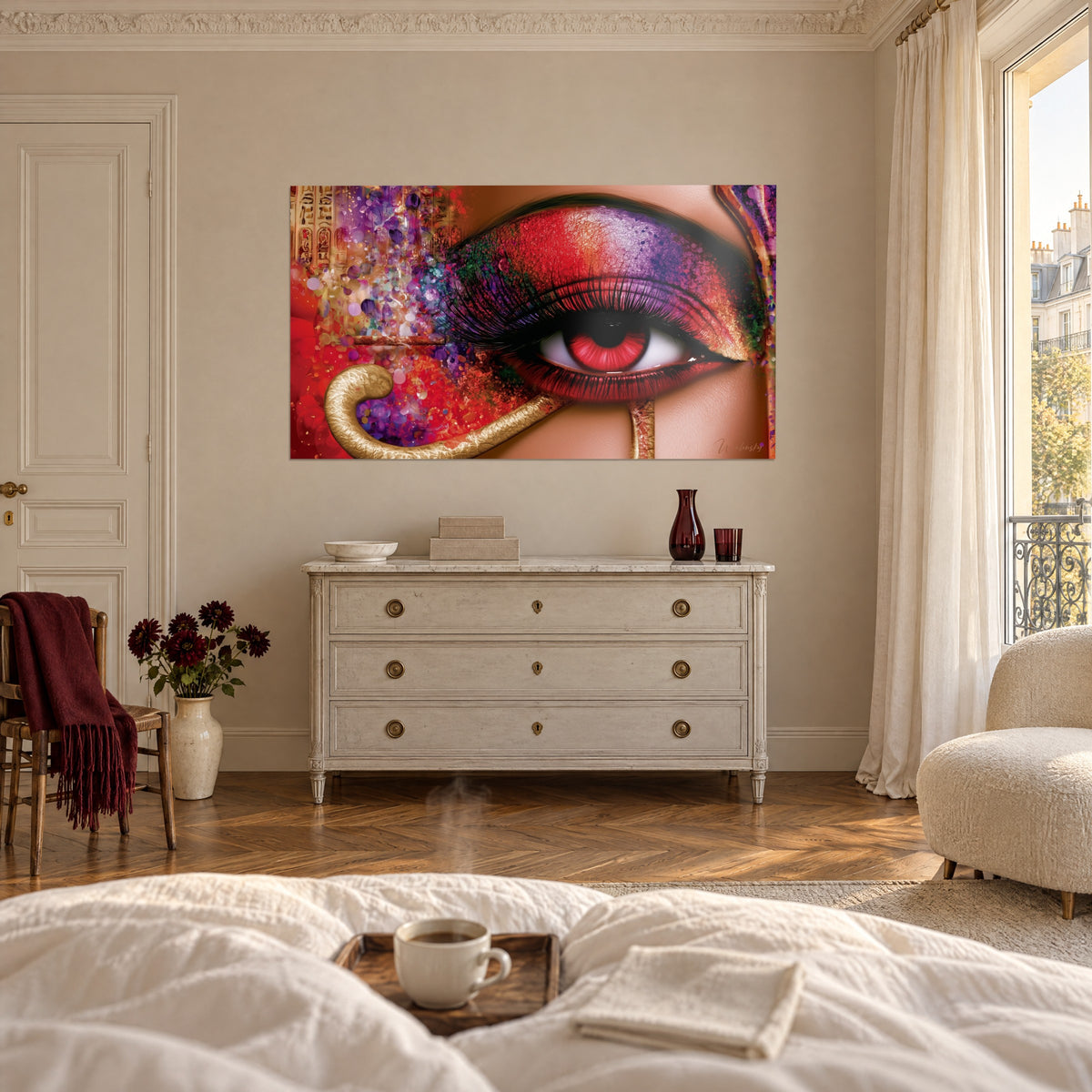 Tableau œil égyptien à l'iris carmin et aux cils noirs, éclats violets et or sur la peau cuivrée, au-dessus d'un lit dans une chambre claire