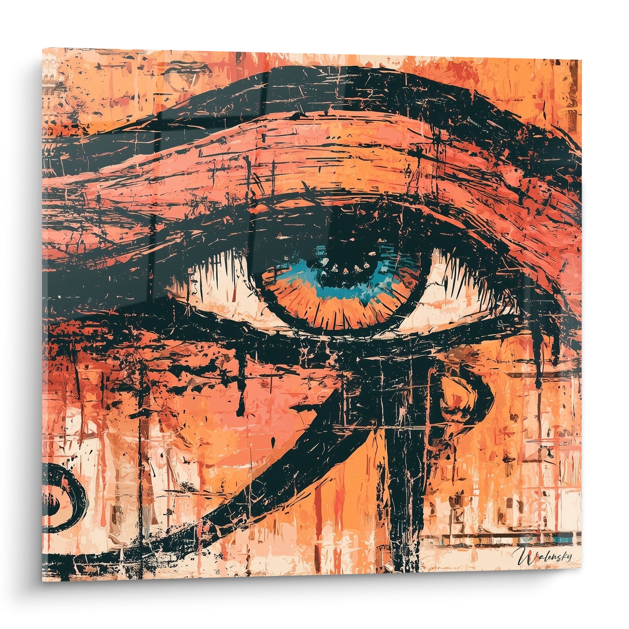 Œil d'Horus égyptien peint en orange brûlé et noir intense avec iris turquoise