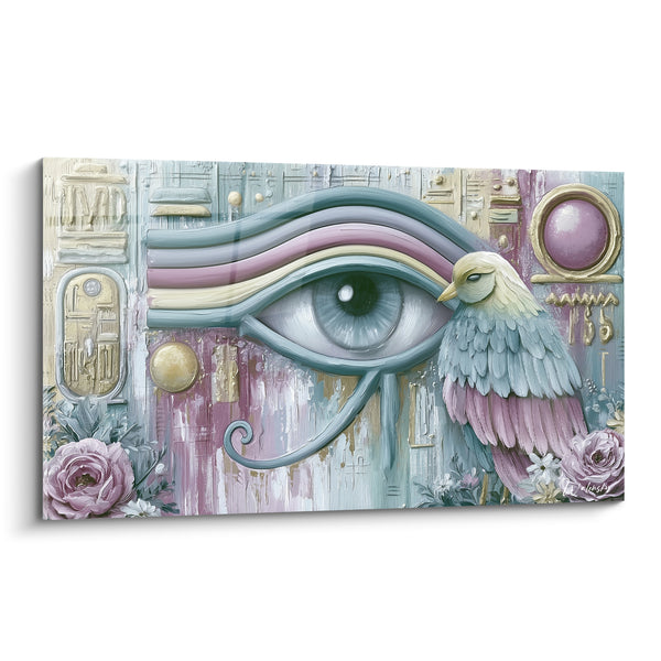 Tableau Œil d'Horus mauve et bleu avec oiseau perché - Roses et cartouche hiéroglyphique - Edition egypte