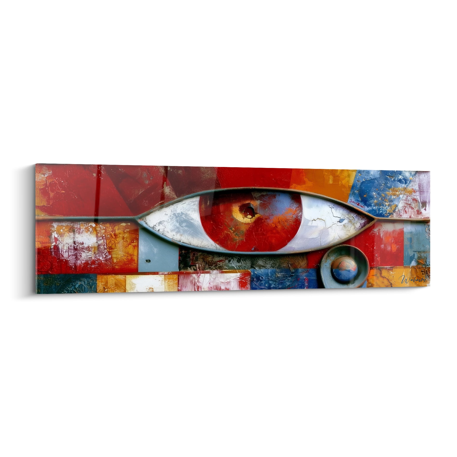 Œil d'Horus rouge, bleu et doré à la texture métallique sculptée sur toile égyptienne