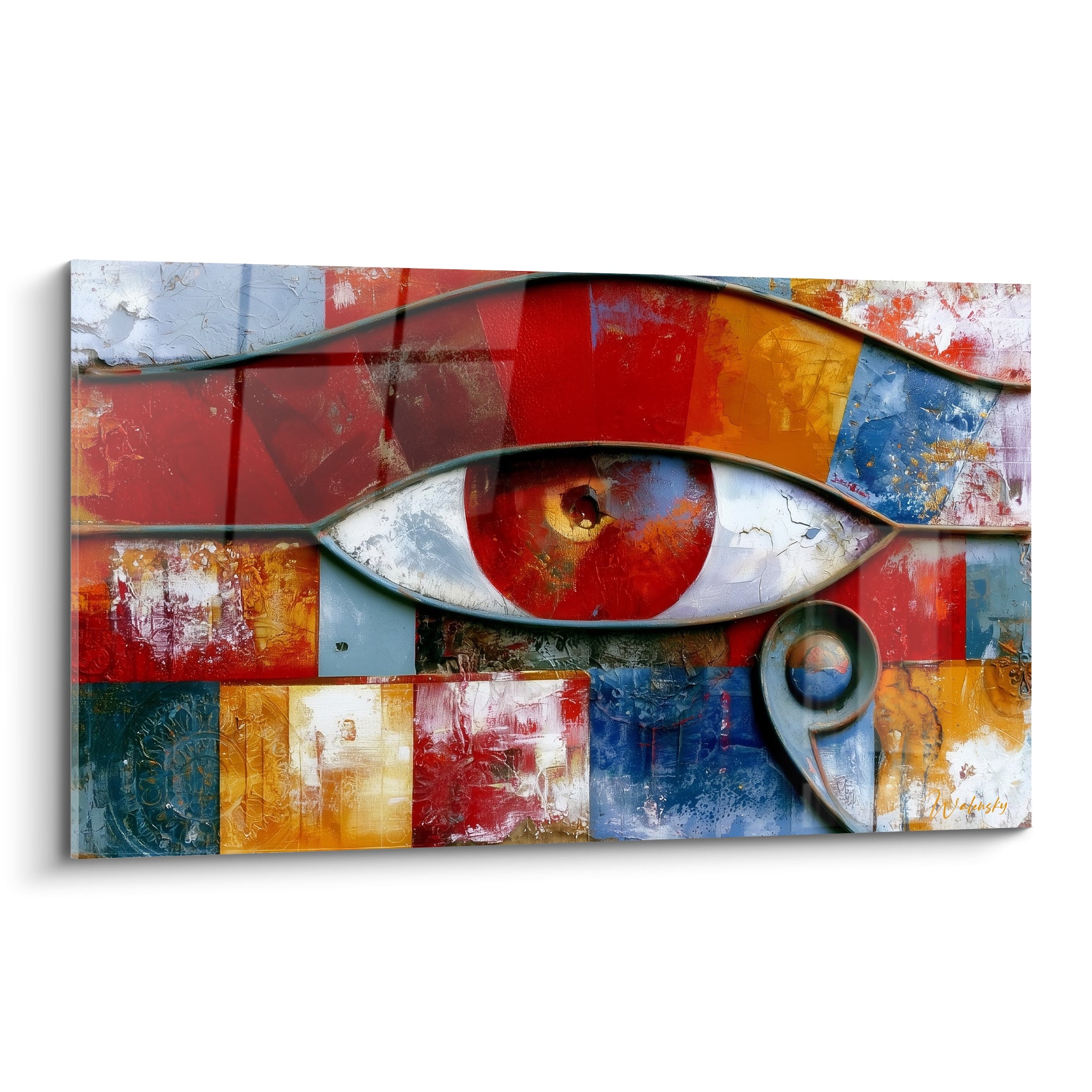 Œil d'Horus rouge terracotta et bleu marine peint en textures craquelées sur fond patchwork
