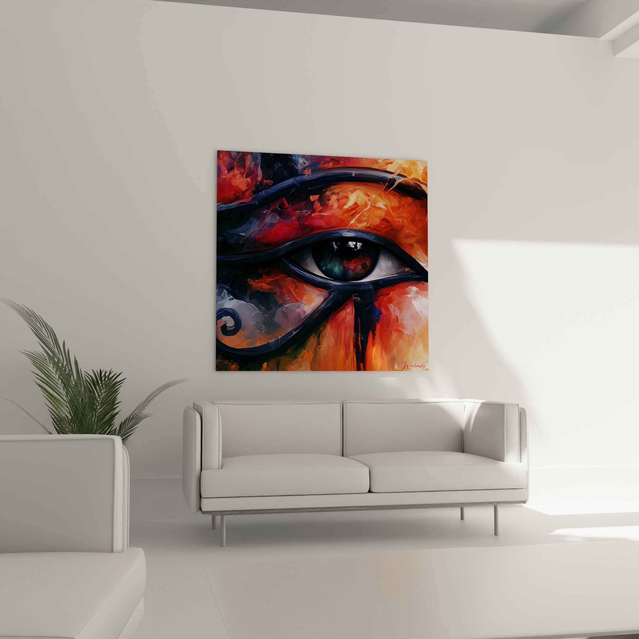 Regard d'Horus aux flammes orangées et contours anthracite au-dessus d'un canapé dans un salon lumineux