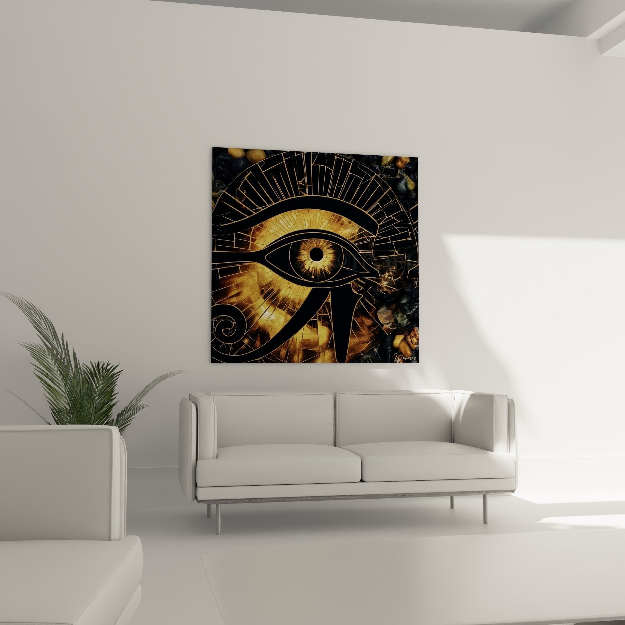 Motif mystique doré et noir profond installé au-dessus d'un canapé dans un salon lumineux