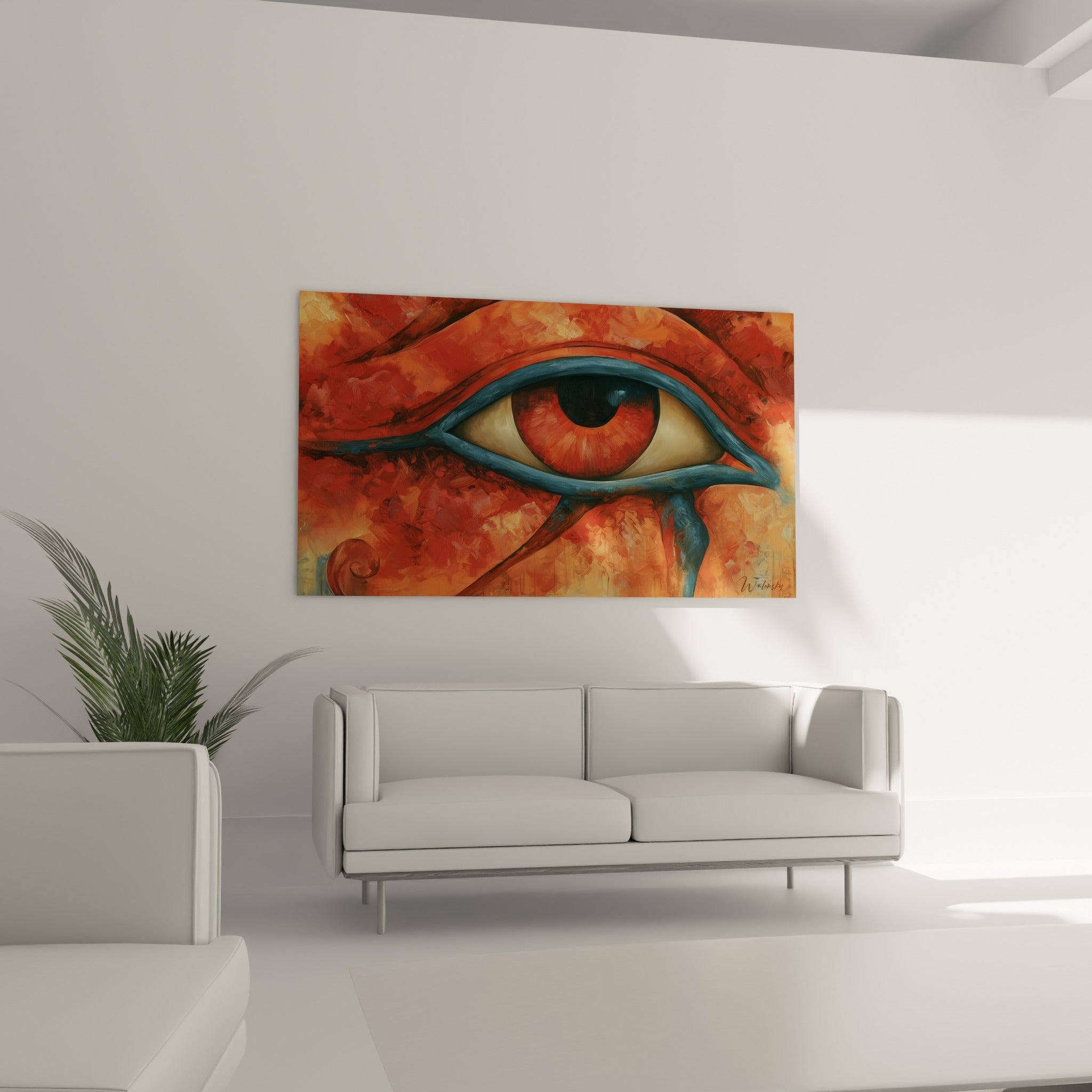 Iris rouille et contour bleu pétrole de l'œil d'Horus, au-dessus d'un canapé dans un salon lumineux