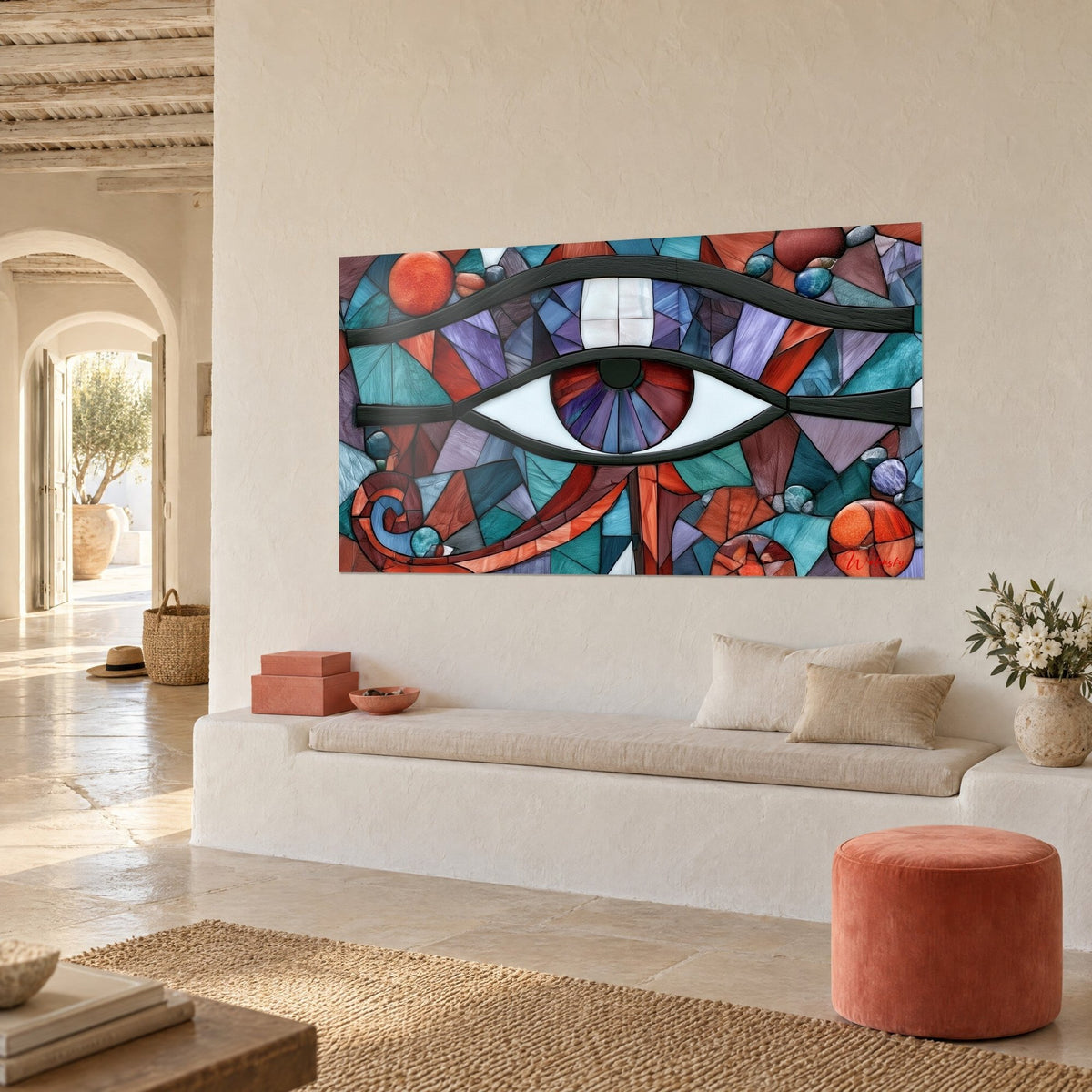 Cuadro ojo protector egipcio, delineado negro grueso, toques púrpura y turquesa, vista de tres cuartos junto a una banqueta
