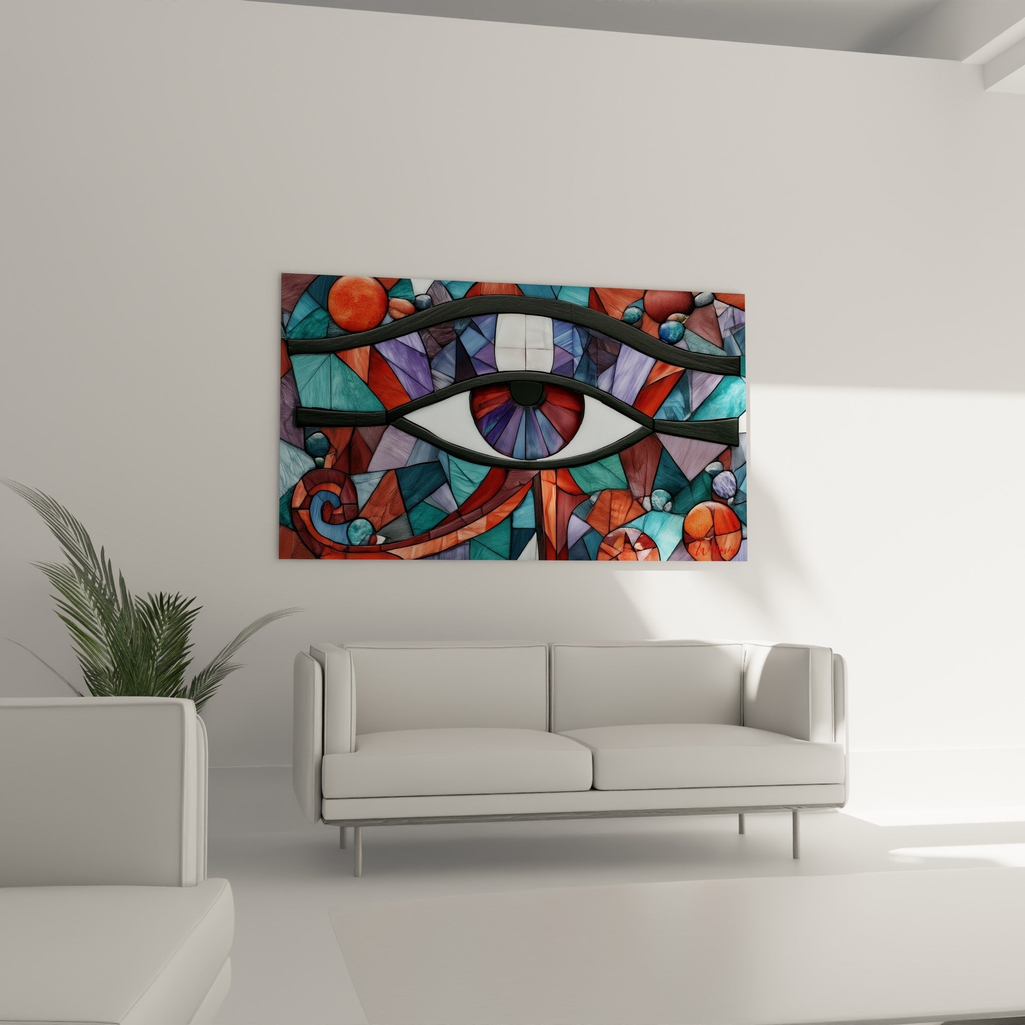 Motif pharaonique de l'œil d'Horus bleu sarcelle et bordeaux, au-dessus d'un canapé dans un salon lumineux