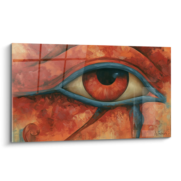 Tableau Œil d'Horus rouge et bleu pétrole avec spirale - Iris flamboyant intense - Edition egypte