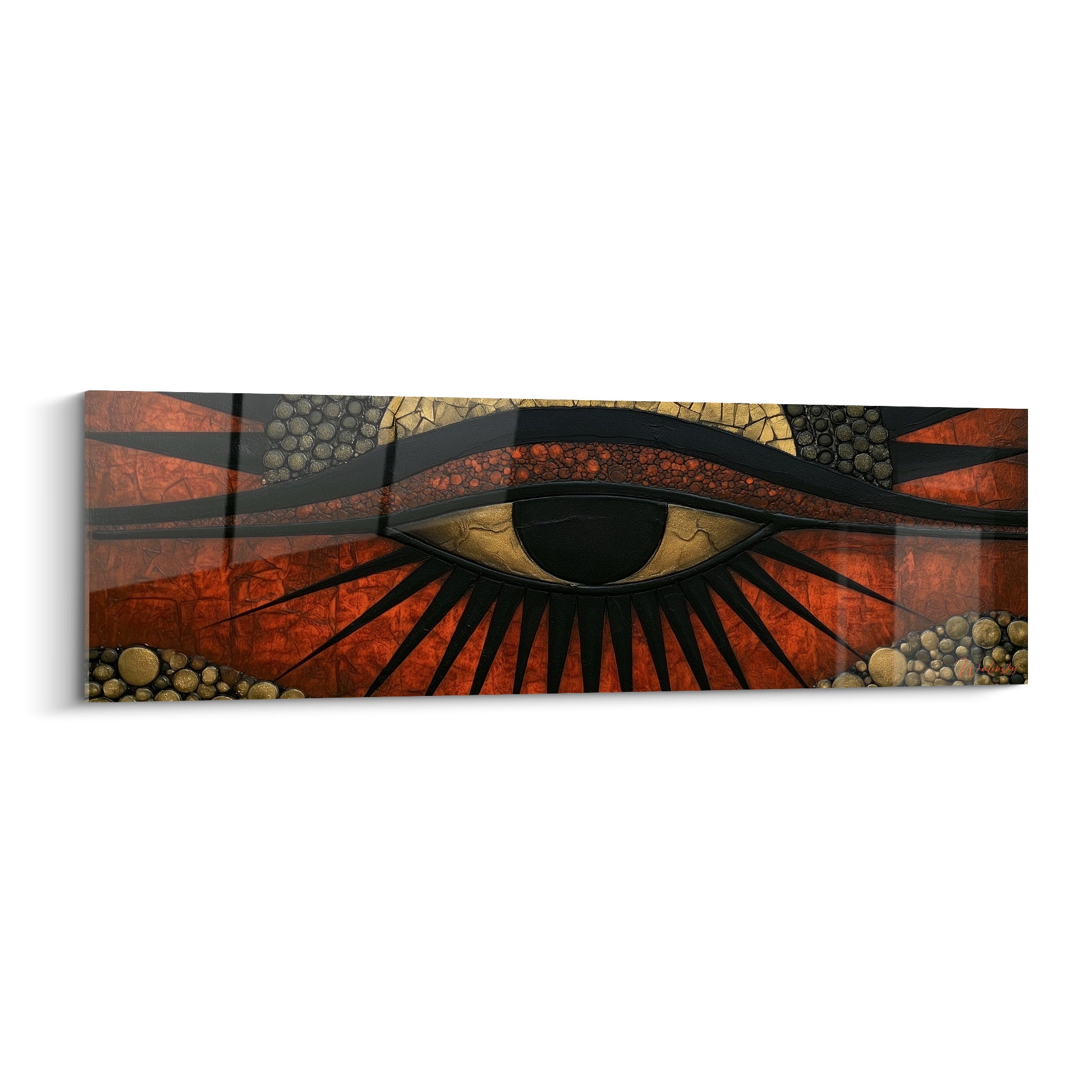 Œil d'Horus terracotta et doré aux rayons noirs, texture granuleuse façon mosaïque égyptienne