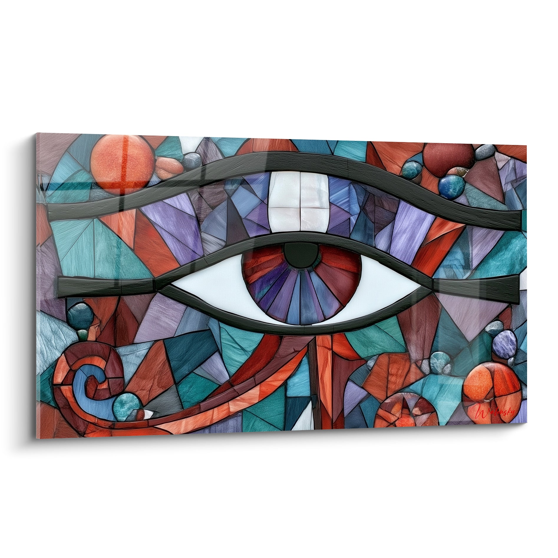 Œil d'Horus en mosaïque terracotta et bleu sarcelle, style vitrail égyptien graphique